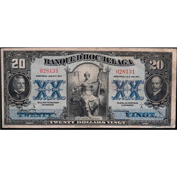 La Banque d'Hochelaga; 1917 $20 #028131 CH-360-24-18, PMG Very Fine-20.  A bright and very scarce ex
