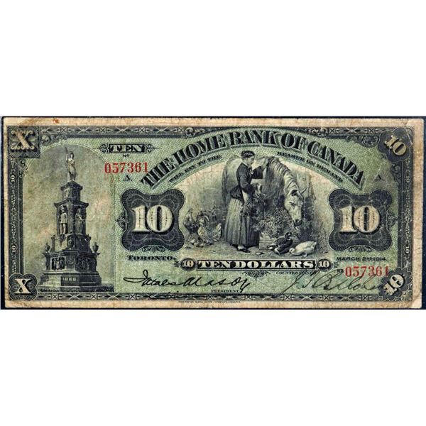 The Home Bank of Canada 1914 $10 #057361 CH-365-10-12 Fine+ (WMG VF-20) Only 4 known examples. Very 