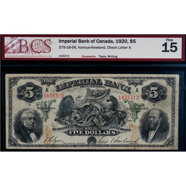 The Imperial Bank of Canada; 1920 $5 #1435372 CH-375-16-06, BCS Choice Fine-15 w/tears and writing.