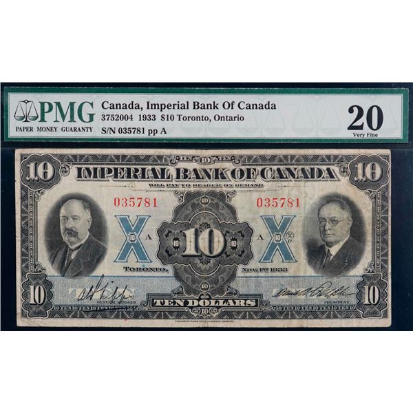 The Imperial Bank of Canada; 1933 $10 #035781 CH-375-20-04, PMG Very Fine-20.