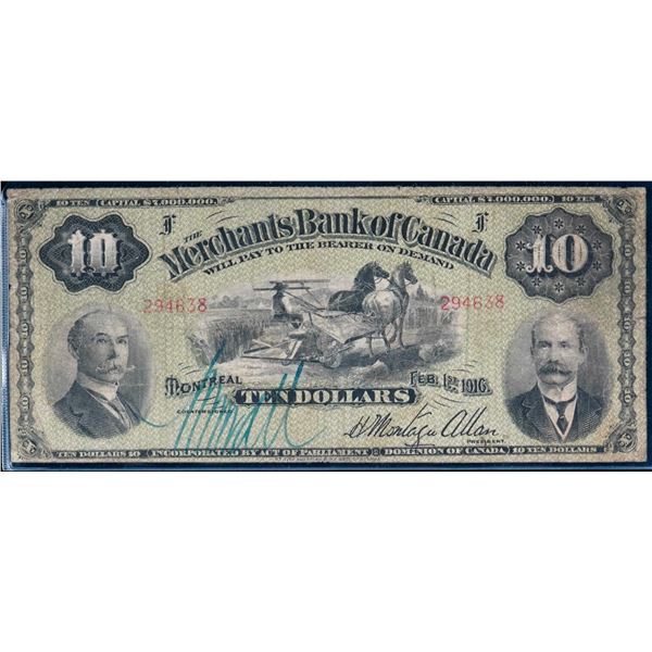 The Merchants Bank of Canada 1916 $10 #294638 CH-460-18-04 about Fine.