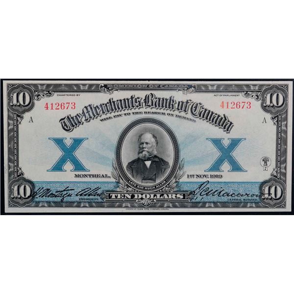 The Merchants Bank of Canada; 1919 $10 #412673 CH-460-22-04, PMG Choice Uncirculated-62.  The note i