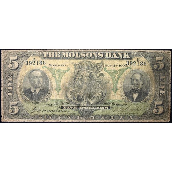 The Molsons Bank  1905 $5 CH-490-28-04 #392186  LCG Very Good-8