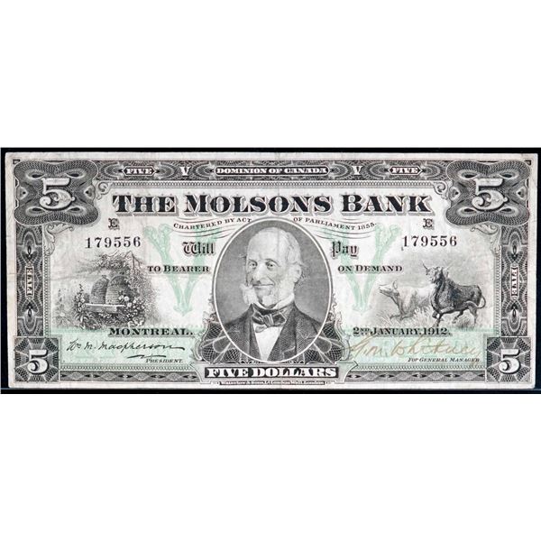 The Molsons Bank 1912 $5 #179556 CH-490-32-02 LCG Very Fine-20