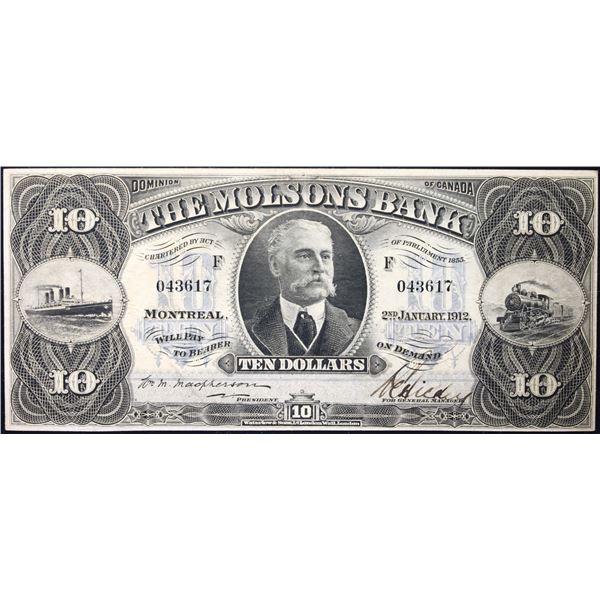 The Molsons Bank  1912 $10 CH-490-32-04 #043617  LCG Choice Very Fine-35.  A very nice and pleasing 