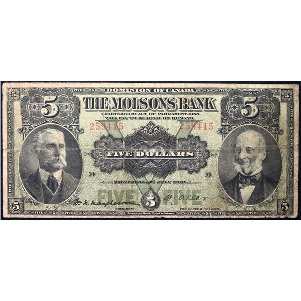 The Molsons Bank  1918 $5 CH-490-38-02 #259415  LCG Fine-12