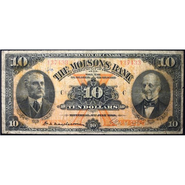 The Molsons Bank 1918 $10 CH-490-38-04 #137433  LCG Fine-12, minor writing.