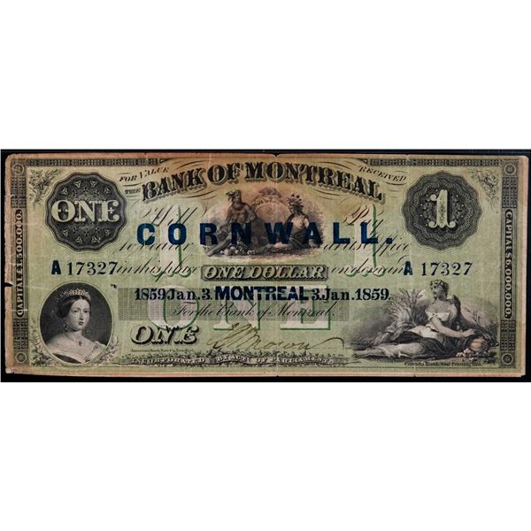 The Bank of Montreal; 1859 $1 #A17327 W/Large "overprint CORNWALL", CH-505-30-02-02 An exceedingly s