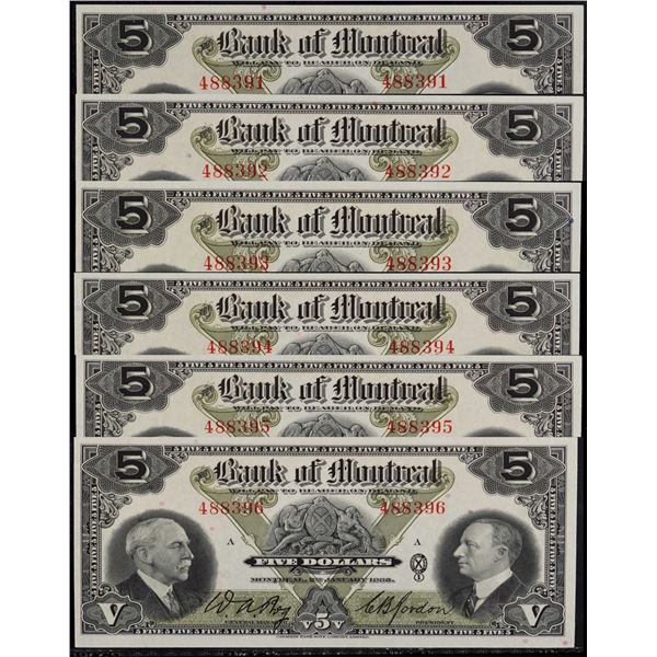 Consecutive run; The Bank of Montreal; 1935 $5 #488391-396 CH-505-60-02, PCGS Very Choice Uncirculat