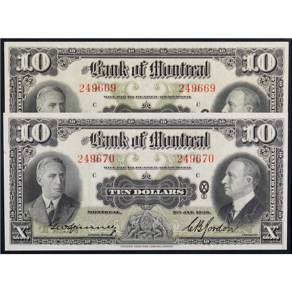 Consecutive pair; The Bank of Montreal; 1938 $10 #249669-670 CH-505-62-04, PMG Very Choice Uncircula