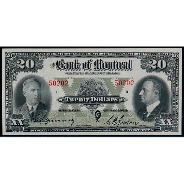 The Bank of Montreal; 1938 $20 #50202 CH-505-62-06 LCG Superb Gem Uncirculated-67PPQ.  This is a pri