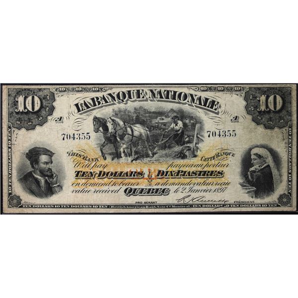 La Banque Nationale 1897 $10 #704355 CH-510-20-08 - No Lines. A pleasing F-VF example.