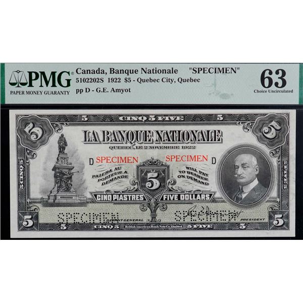 La Banque Nationale 1922 $5 #5102202S, PMG Choice Uncirculated-63.