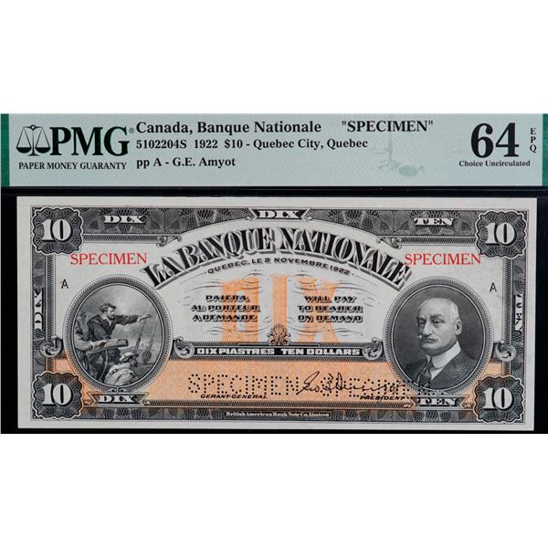 La Banque Nationale 1922 $10 #5102204S, PMG Very Choice Uncirculated-64EPQ.