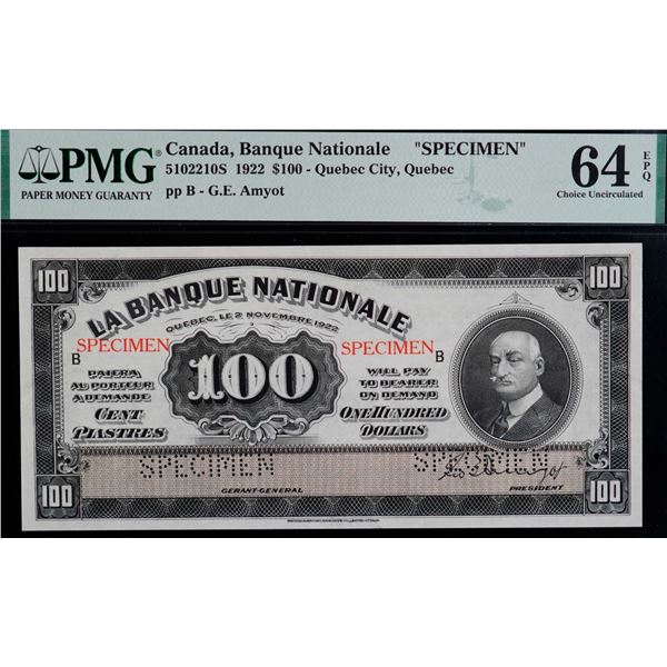 La Banque Nationale 1922 $100 CH-510-22-10S, PMG Very Choice Uncirculated-64EPQ.