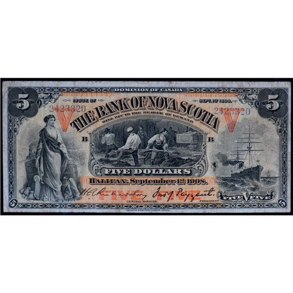 The Bank of Nova Scotia, 1908 $5 #2423320 "Orange Vs" -  Typed left. CH-550-28-12a A nice Fine to fi