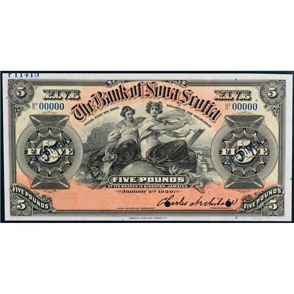 The Bank of Nova Scotia; 1920 £5 CH-550-38-02-08S, PMG Superb Gem Uncirculated-66EPQ.