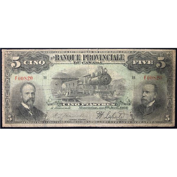 La Banque Provinciale du Canada 1907 $5 CH-615-12-02 #F00820  LCG Very Good-10.  Rare issue.  Just a