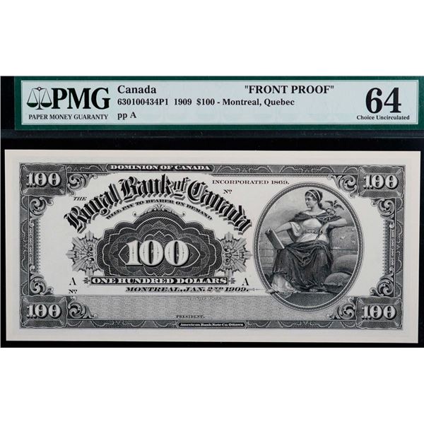 The Royal Bank of Canada;  1909 $100 CH-630-10-04-34P1, PMG Very Choice Uncirculated-64.