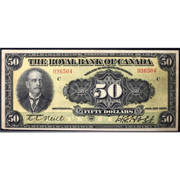 The Royal Bank of Canada 1913 $50 CH-630-12-18 #0356564  LCG Choice Very Fine-25, pinholes.  Scarce 