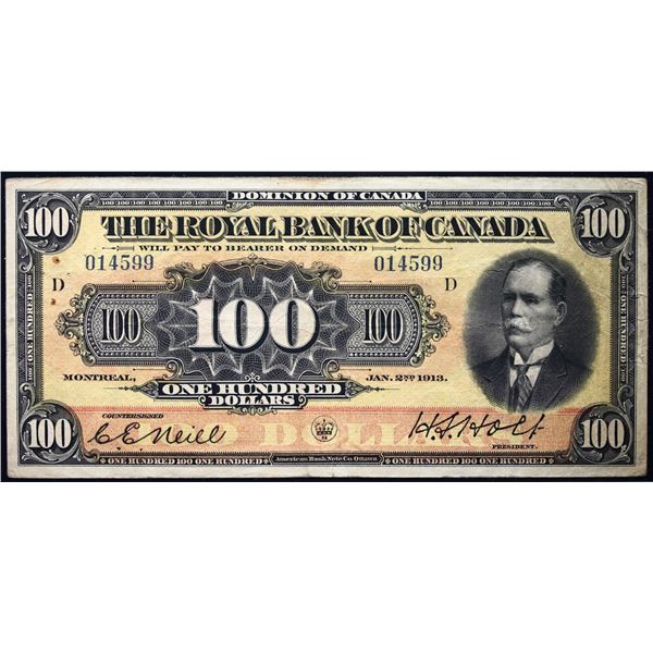 The Royal Bank of Canada 1913 $100 CH-630-12-22 #014599  LCG Choice Very Fine-25, pinholes.  Only 6 
