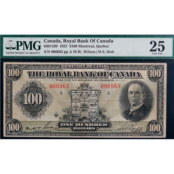 The Royal Bank of Canada 1927 $100 CH-630-14-20 #006963  PMG Choice Very Fine-25.  A bright example 