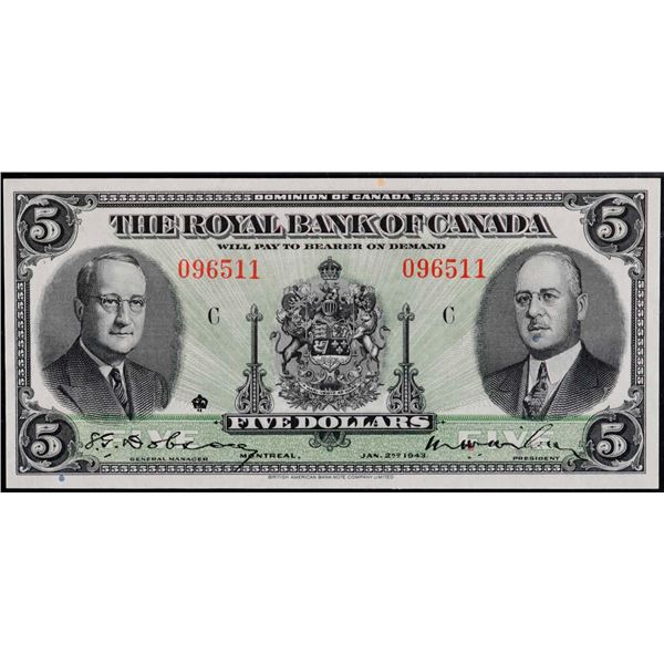 The Royal Bank of Canada; 1943 $5 #096511 CH-630-20-02, PMG Very Choice Uncirculated-64.  A near Gem