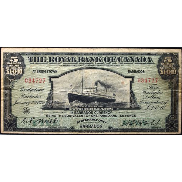 The Royal Bank of Canada 1920 $5 CH-630-30-02 'BARBADOS' #034727  LCG Very Fine-20.  Scarce issue.