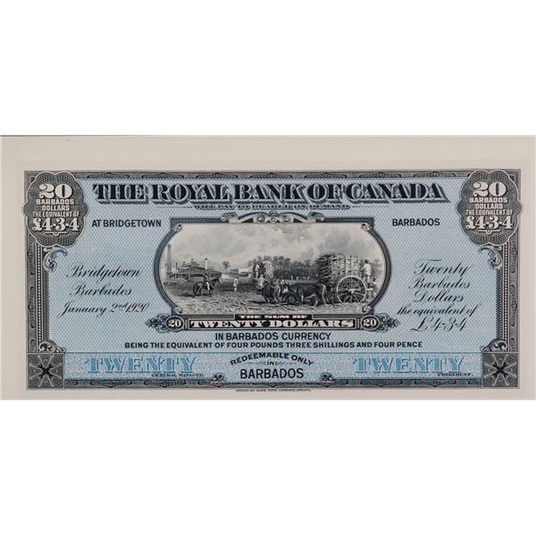 The Royal Bank of Canada; 1920 $20 Face Proof CH 630-30-04P, "BARBADOS" Legacy Currency Grading Supe