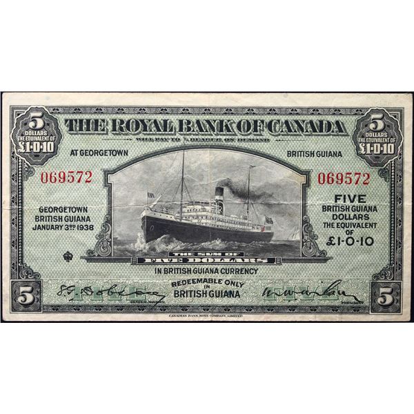 The Royal Bank of Canada 1938 $5 CH-630-30-02 'BARBADOS' #037923  LCG Choice Very Fine-25.  Scarce i