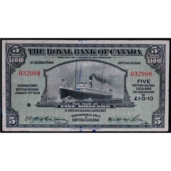 The Royal Bank of Canada; 1938 $5 £1-0-10 CH-630-38-02,  "British Guiana" F-VF with nice margins. Mi