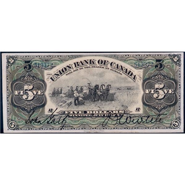 The Union Bank of Canada - Winnipeg 5 Dollars July 1st, 1912 CH# 730-16-04 Black frame Galt [x=#8211