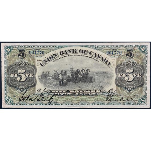 The Union Bank of Canada - Winnipeg 5 Dollars July 1st,1912 CH# 730-16-06 Green frame Galt [x=#8211/