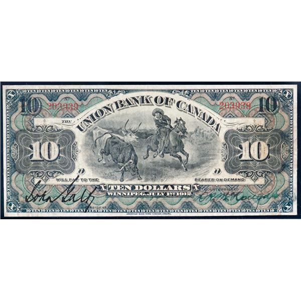 The Union Bank of Canada - Winnipeg 10 Dollars July 1st, 1912 CH# 730-16-08  Galt – manuscr