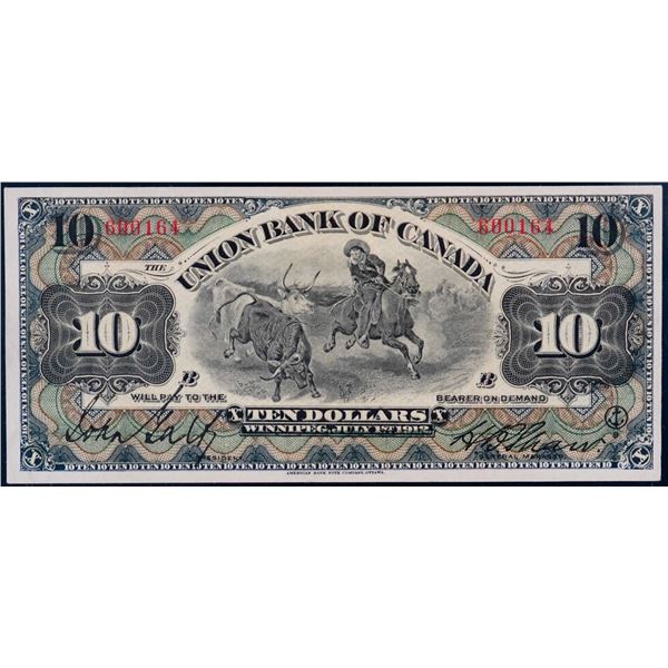 The Union Bank of Canada - Winnipeg 10 Dollars July 1st, 1912 CH# 730-16-10 Galt – Shaw sig