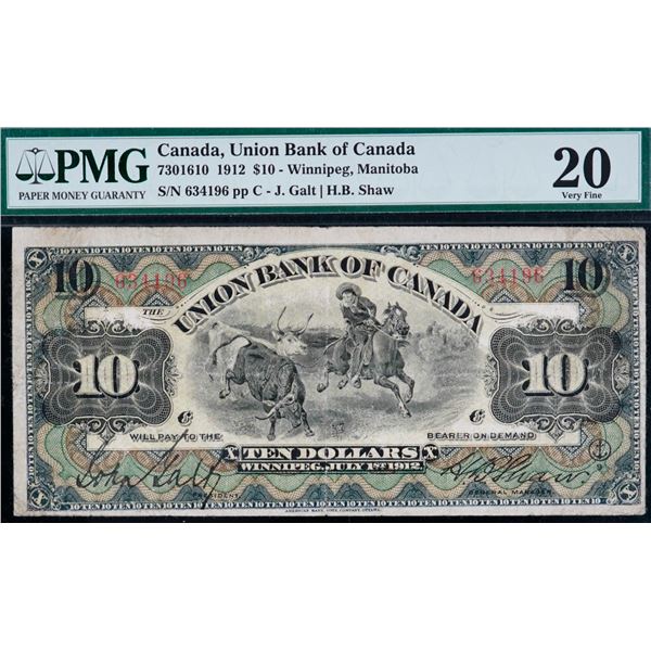 The Union Bank of Canada 1912 $10 "Winnipeg" #634196 PMG Very Fine-20.  A bright example.