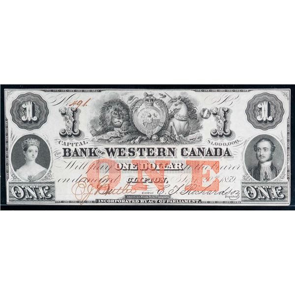 The Bank of Western Canada 1859 $1 #491 CH-795-10-04 LCG Extra Fine-40, minor issue.
