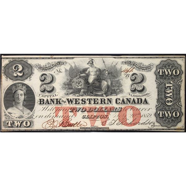 The Bank of Western Canada 1859 $2 #411 CH-795-10-08 - Butler-Richardson.  Uncirculated or better.  