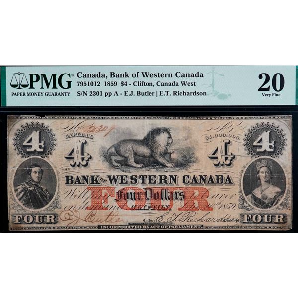 The Bank of Western Canada; 1859 $4 #2301 CH-795-10-12, PMG Very Fine-20. Split, previously mounted.