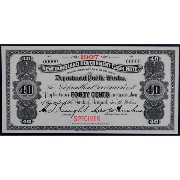 Nfld Cash Note; 1907 $0.40 NF-2g, PCGS Superb Gem Uncirculated-67PPQ.