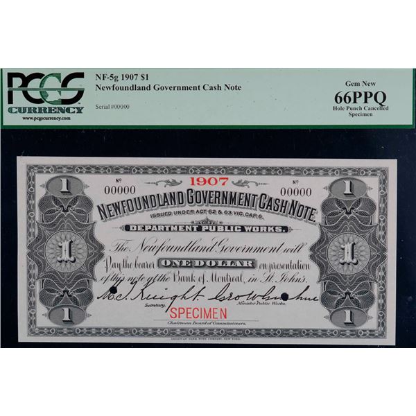 Nfld Cash Note;  1907 $1 NF-5g, PCGS Superb Gem Uncirculated-66PPQ.