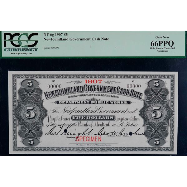 Nfld Cash Note; 1907 $5 NF-6g, PCGS Superb Gem Uncirculated-66PPQ.