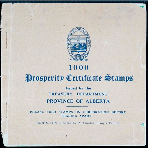 The Government of the Province of Alberta partial booklet entitled 1000 Prosperity Certificate Stamp