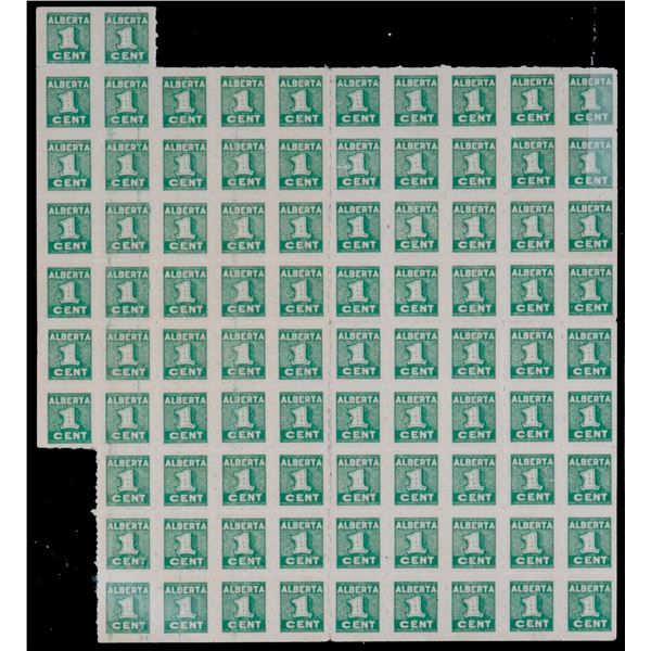 Partial Uncut sheet of 1936 Alberta Prosperity 1 cent stamps; 89 stamp sheet, Mint NH, all EF to Unc