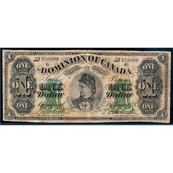 1878 $1 DC-8e-ii #B970000 "Payable at Montreal" LCG Very Fine-20, minor issues.  Cool serial Number.