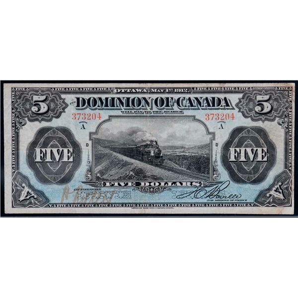 1912 $5 DC-21a #373204 series "A" LCG Choice Very Fine-25.  Scarcer issue rarely offered.