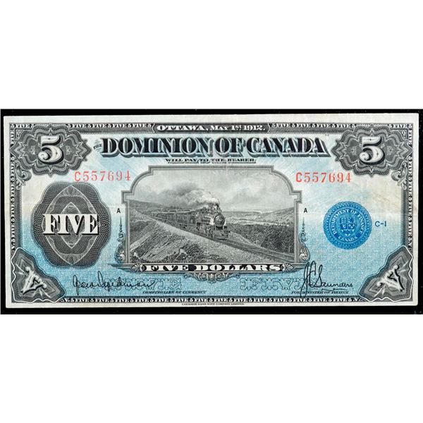 1912 $5 DC-21g #C559694 Hyndman-Saunders "Seal Only" BCS Choice Very Fine-35 Original.  A nice brigh