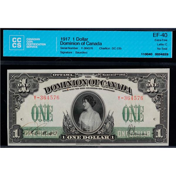 1917 $1 DC-23b #Y-364576 CCCS Extra Fine-40.  A bright example with vibrant colours.