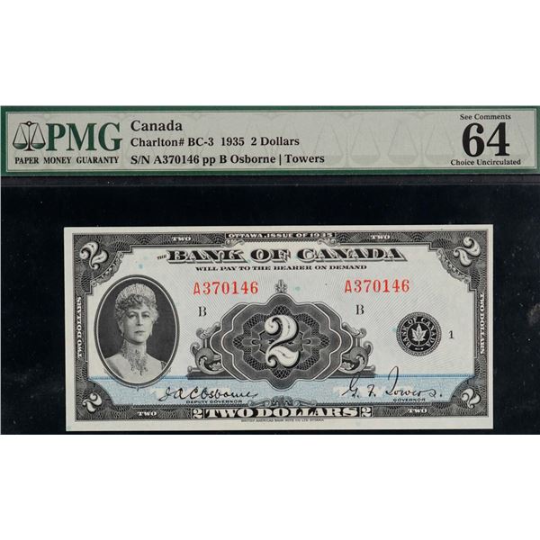 1935 $2 BC-3 #A370146 PMG Choice Uncirculated-64EPQ.  A near Gem example with great colours.
