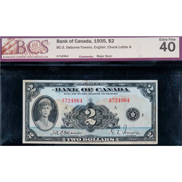 1935 $2 BC-3 #A724964 BCS Extra Fine-40, stain